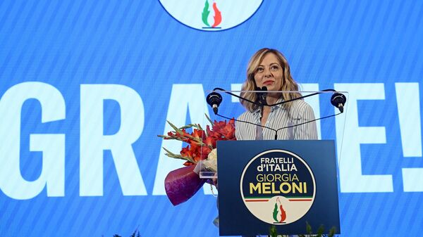 Премьер-министр Италии, лидер партии Братья Италии Джорджа Мелони во время пресс-конференции по итогам европейских выборов в Риме