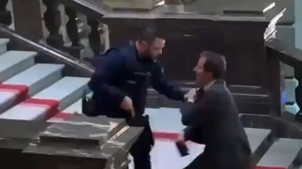 Швейцарский депутат Томас Аески подрался с полицейскими в парламенте. Кадр видео очевидца