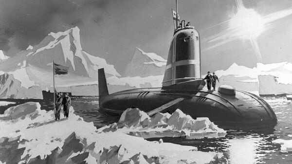 Репродукция рисунка Н. Науменкова Советская подводная лодка Ленинский комсомол в полярных широтах