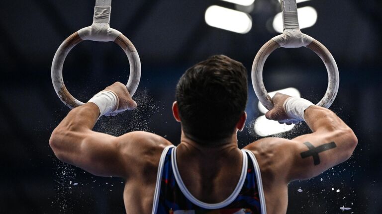 Артур Далалоян (Россия) выполняет упражнения на кольцах в личном многоборье соревнований по спортивной гимнастике среди мужчин игр стран БРИКС в Казани