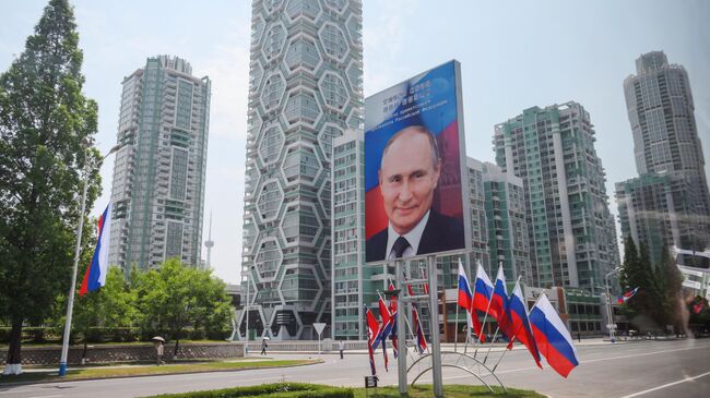 Баннер с портретом президента РФ Владимира Путина и российские флаги на улице в Пхеньяне