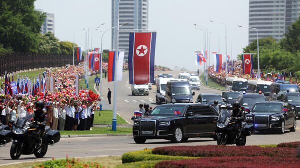 Люди приветствуют кортеж президента РФ Владимира Путина на улице в Пхеньяне