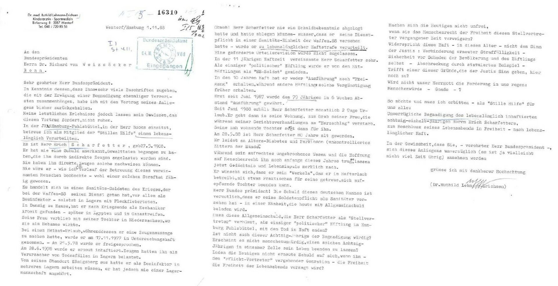 Прошение о помиловании от Рутхильд Леман-Эрихсен от 1.11.1988 - РИА Новости, 1920, 20.06.2024