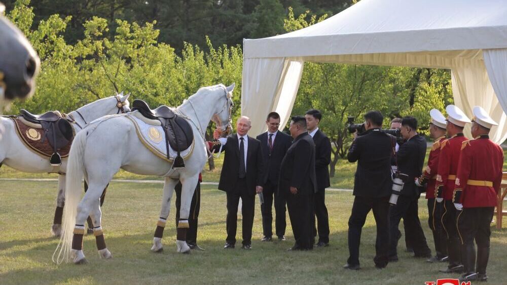 
Путин и Ким Чен Ын вместе покормили белых рысаков - РИА Новости, 1920, 20.06.2024