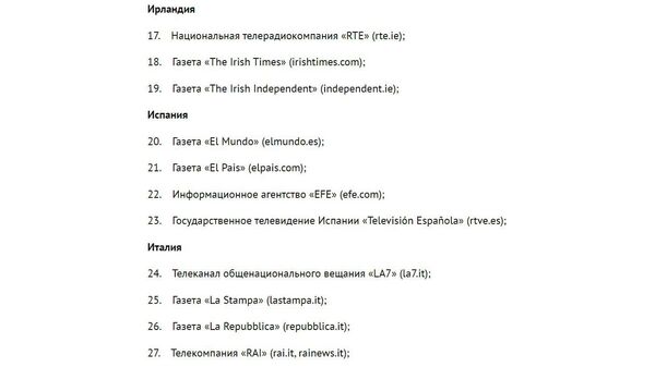 Перечень СМИ, в отношении которых вводятся ответные меры по ограничению вещания и доступа к ресурсам в интернете с территории России