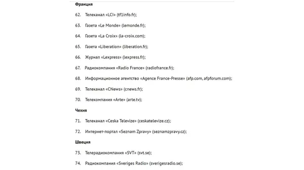 Перечень СМИ, в отношении которых вводятся ответные меры по ограничению вещания и доступа к ресурсам в интернете с территории России Перечень СМИ, в отношении которых вводятся ответные меры по ограничению вещания и доступа к ресурсам в интернете с территории России