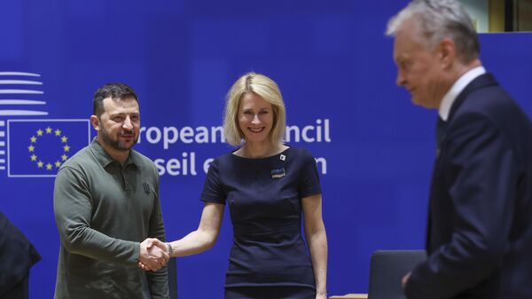 Владимир Зеленский, Кая Каллас и Гитанас Науседа во время саммита ЕС в Брюсселе. 27 июня 2024