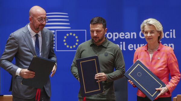 Шарль Мишель, Владимир Зеленский и Урсула фон дер Ляйен во время саммита ЕС в Брюсселе, 27 июня 2024 года