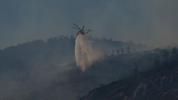 Тушение лесного пожара на горе Парнита вблизи Афин