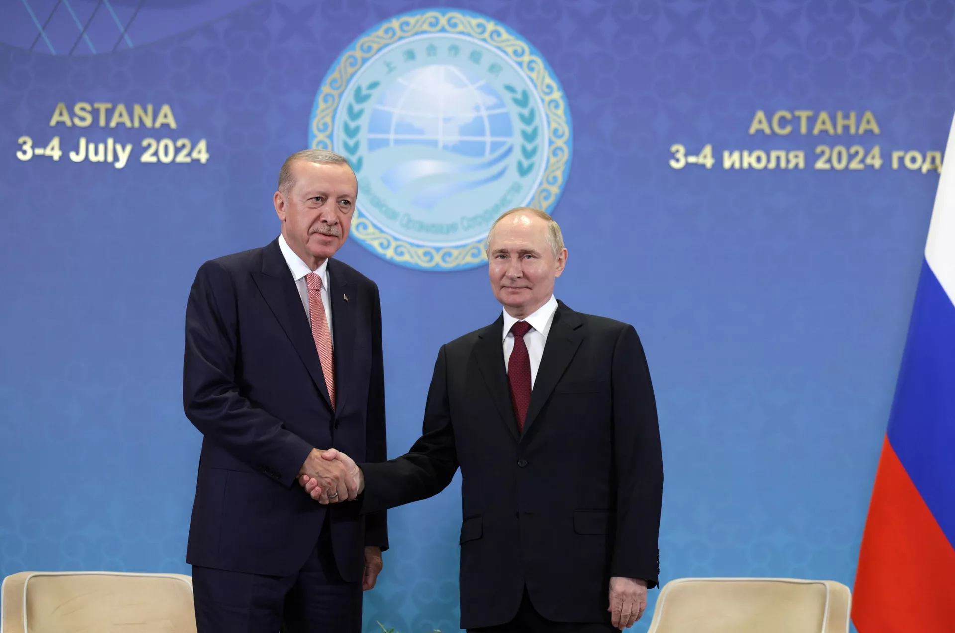 Президент РФ Владимир Путин и президент Турецкой Республики Реджеп Тайип Эрдоган во время встречи на полях саммита Шанхайской организации сотрудничества - РИА Новости, 1920, 05.06.2025