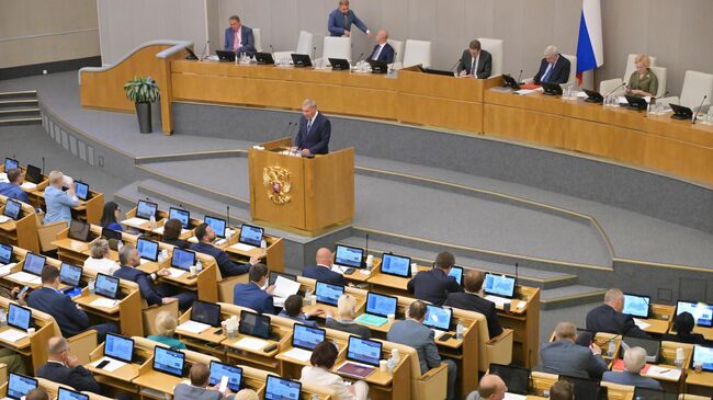 Генеральный директор Госкорпорации Роскосмос Юрий Борисов выступает на пленарном заседании Государственной Думы РФ. 3 июля 2024