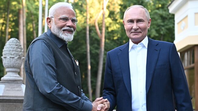 Президент РФ Владимир Путин и премьер-министр Индии Нарендра Моди во время встречи
