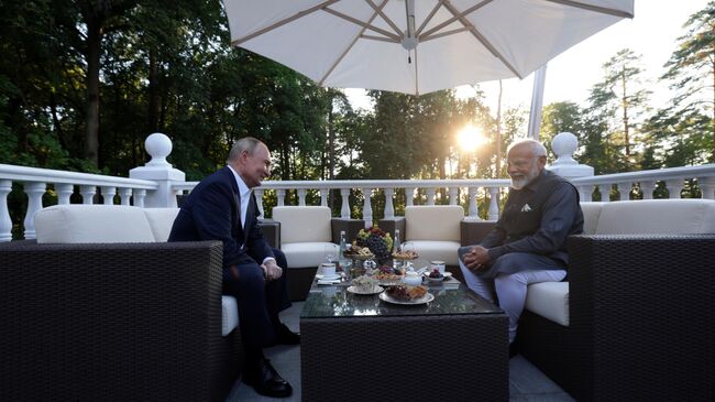 Президент РФ Владимир Путин и премьер-министр Индии Нарендра Моди (справа) во время встречи в резиденции Ново-Огарево