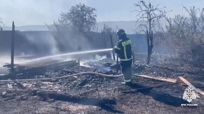 Сотрудник МЧС во время ликвидации пожара в садовом товариществе на Ставрополье. Кадр видео