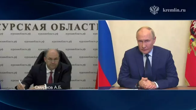 Встреча Путина по видеосвязи с врио губернатора Курской области Смирновым