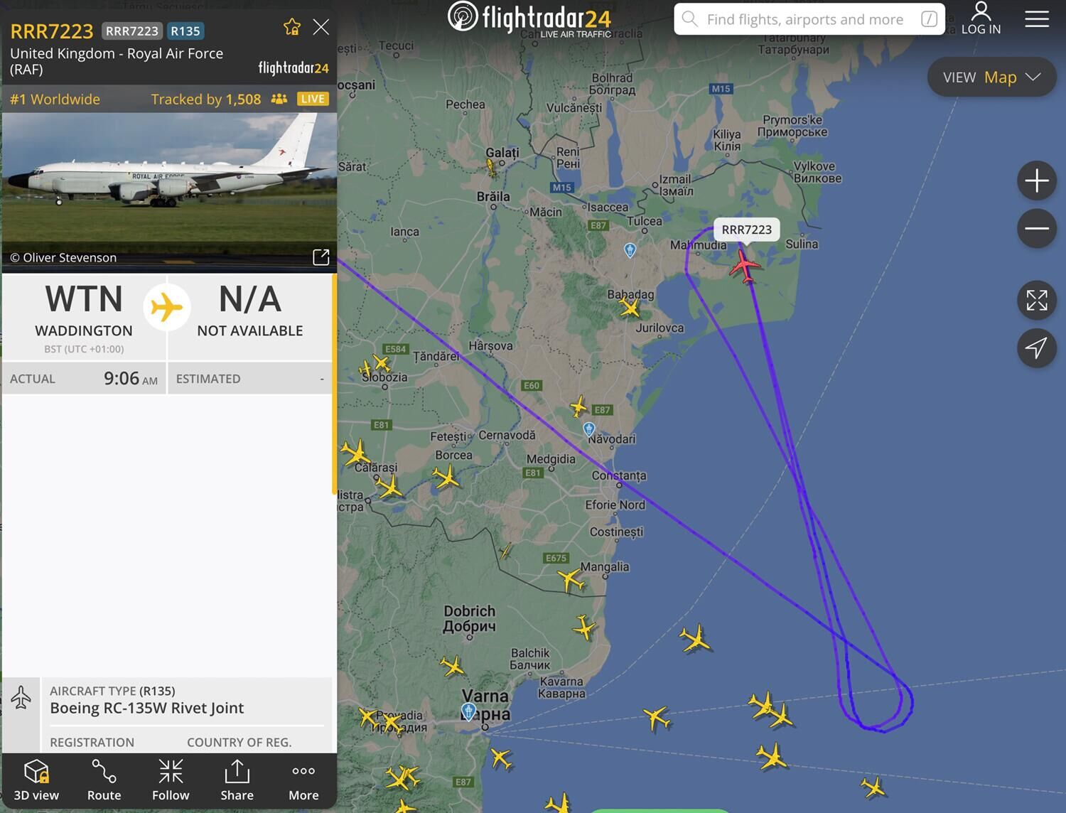 Трек полета британского самолета Boeing RC-135W Rivet Joint на сайте Flightradar24 - РИА Новости, 1920, 23.08.2024