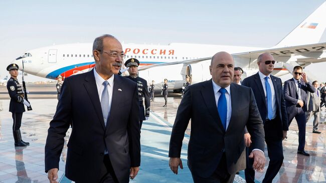 Председатель правительства РФ Михаил Мишустин и премьер-министр Узбекистана Абдулла Арипов во время встречи в международном аэропорту Ташкента. 9 сентября 2024