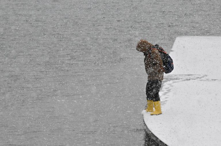 Женщина во время снегопада на одной из улиц Москвы