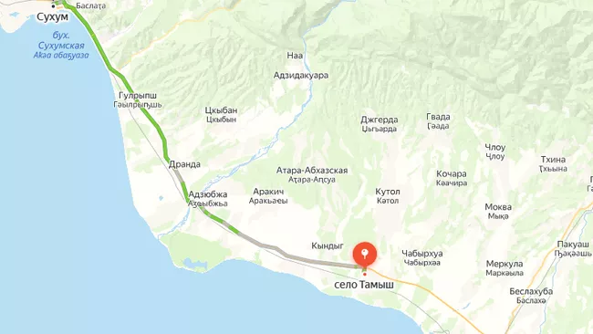 Расстояние от Сухума до села Тамыш, куда уехал президент Абхазии Аслан Бжания Расстояние от Сухума до села Тамыш, куда уехал президент Абхазии Аслан Бжания