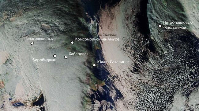 Снимки снежной бури столетия на Дальнем Востоке, сделанные из космоса 