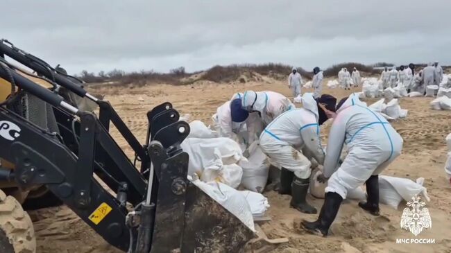 Сбор мазута с пляжей Кубани и Крыма