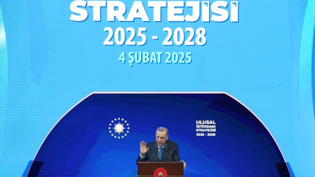 Президент Турции Реджеп Тайип Эрдоган во время выступления на заседании по продвижению национальной стратегии занятости в Анкаре. 4 февраля 2025