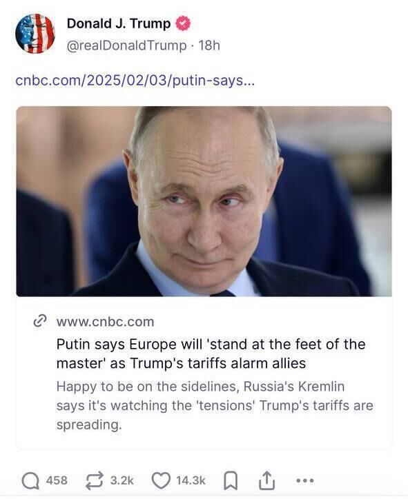 Публикация президента США Дональда Трампа в социальной сети Truth Social Публикация президента США Дональда Трампа в социальной сети Truth Social - РИА Новости, 1920, 10.02.2025