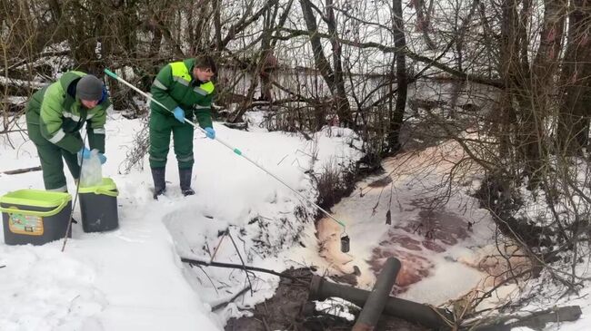 Забор проб воды из реки Нейма. Кадр видео