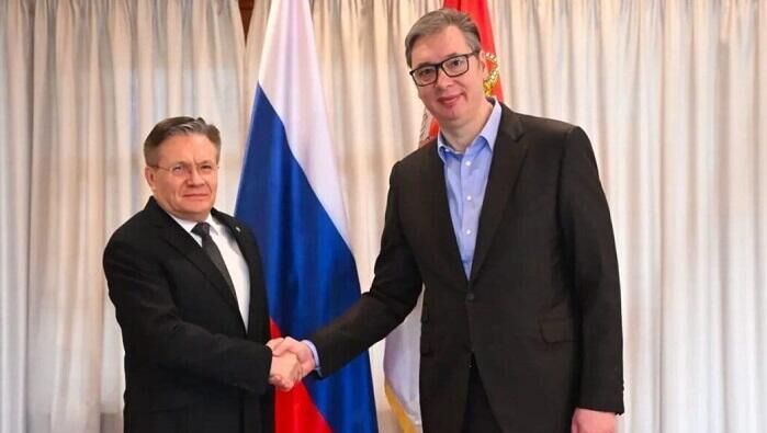 Генеральный директор госкорпорации Росатом Алексей Лихачев и президент Сербии Александр Вучич во время встречи. 13 февраля 2025 Генеральный директор госкорпорации Росатом Алексей Лихачев и президент Сербии Александр Вучич во время встречи. 13 февраля 2025 - РИА Новости, 1920, 13.02.2025