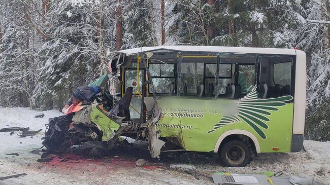 На месте ДТП с участием лесовоза и пассажирского автобуса в Ленинградской области