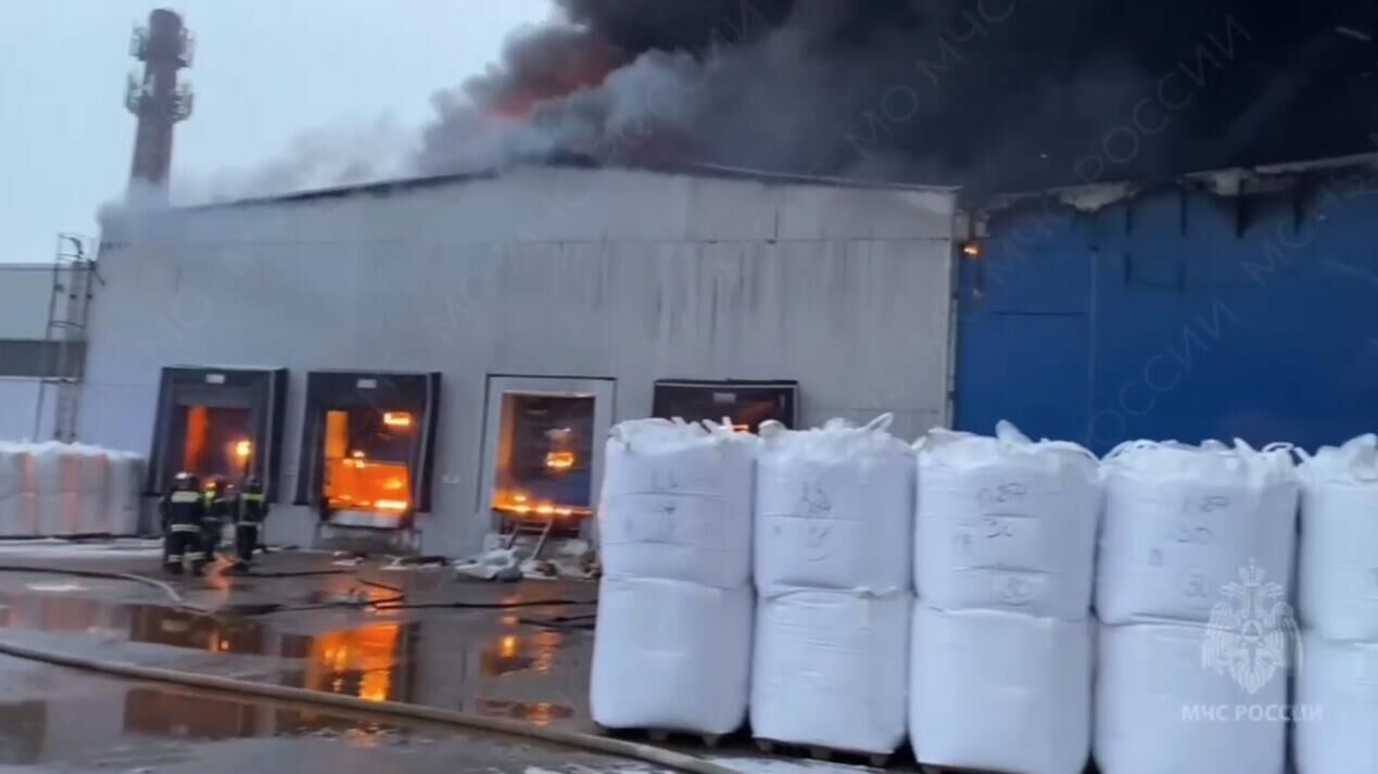 Ликвидация пожара на складе с пластиковой продукцией в Подмосковье. Кадр видео - РИА Новости, 1920, 03.03.2025