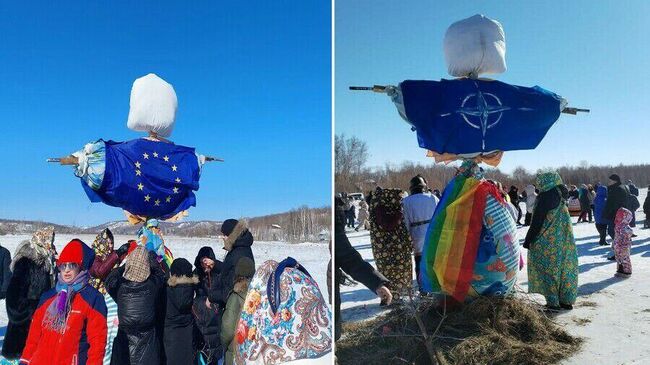 В Благовещенске сожгли чучело с флагами Евросоюза и НАТО