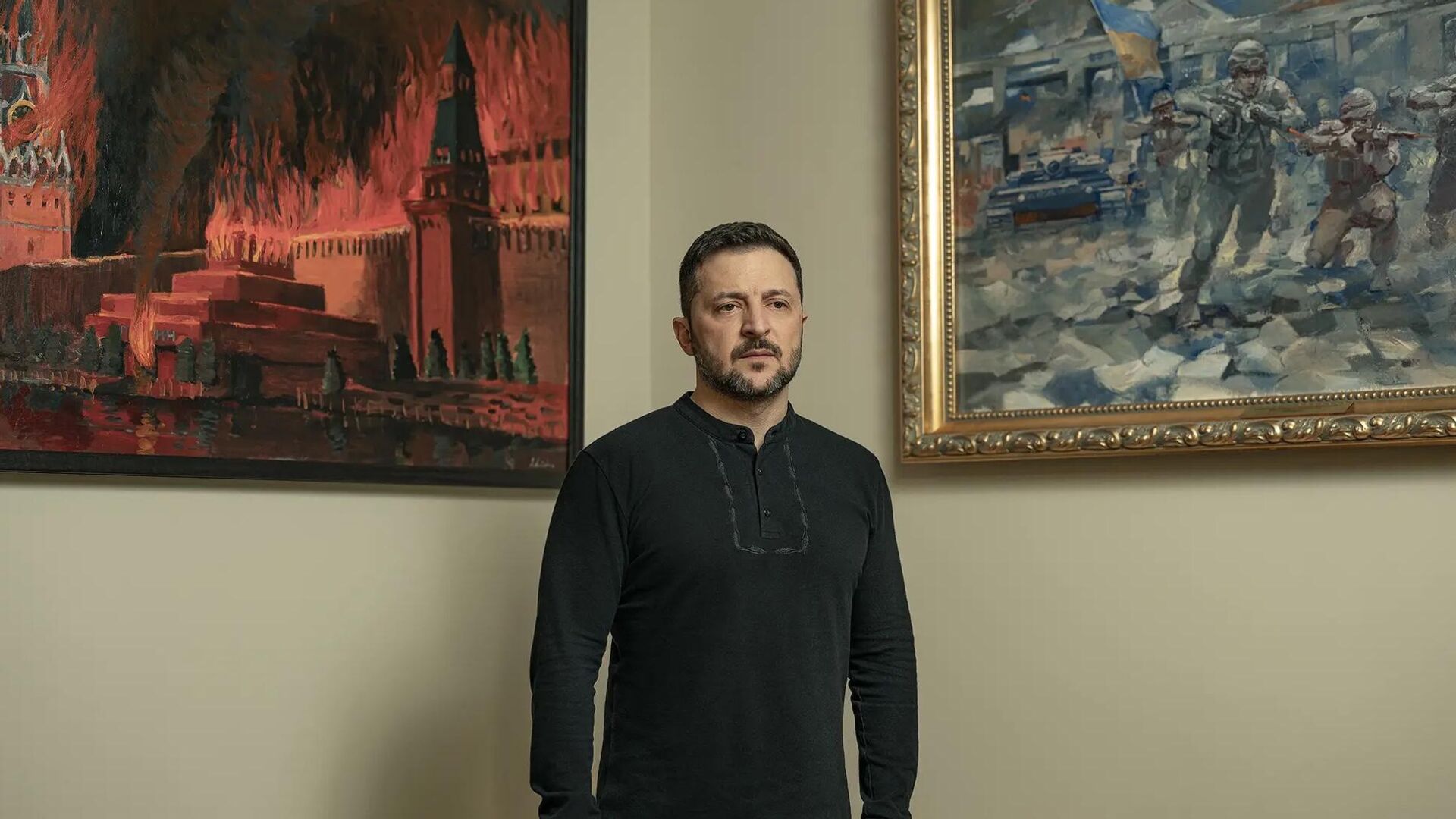 Владимир Зеленский на фоне картины с горящим Кремлем  - РИА Новости, 1920, 26.03.2025