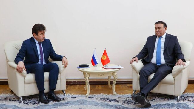 Посол Российской Федерации в Киргизской Республике Сергей Вакунов и замглавы внешнеполитического ведомства Киргизской Республики Алмаз Имангазиев во время встречи. 14 апреля 2025 года