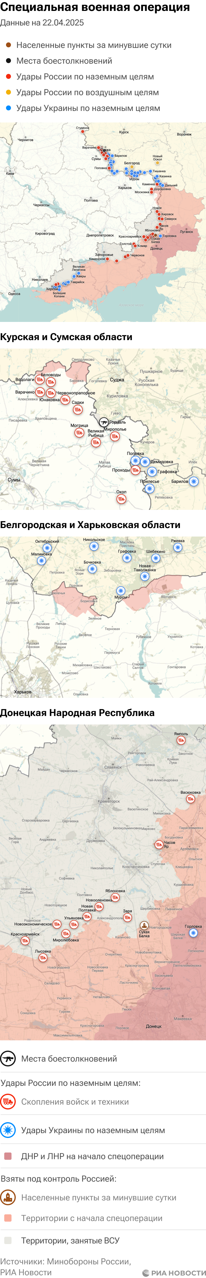 Карта спецоперации Вооруженных сил России на Украине на 22.04.2025 Карта спецоперации Вооруженных сил России на Украине на 22.04.2025