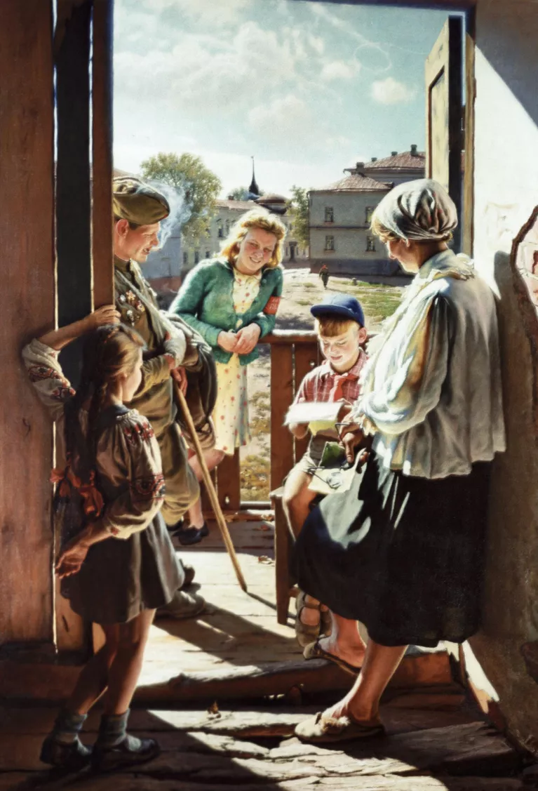 Репродукция картины Письмо с фронта (1947 г.) работы художника Александра Ивановича Лактионова из собраний Государственной Третьяковской галереи Репродукция картины Письмо с фронта (1947 г.) работы художника Александра Ивановича Лактионова из собраний Государственной Третьяковской галереи