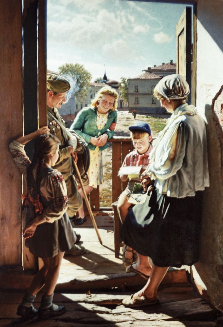 Репродукция картины Письмо с фронта (1947 г.) работы художника Александра Ивановича Лактионова из собраний Государственной Третьяковской галереи