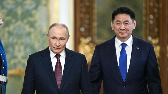  Владимир Путин и президент Монголии Ухнаагийн Хурэлсух во время встречи