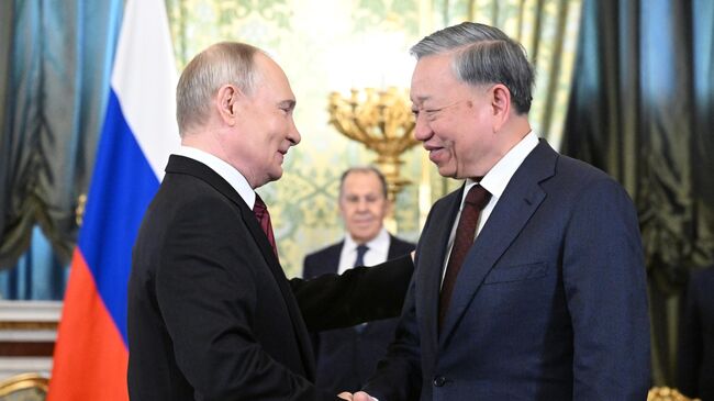Президент России Владимир Путин и генеральный секретарь Коммунистической партии Вьетнама То Лам во время встречи