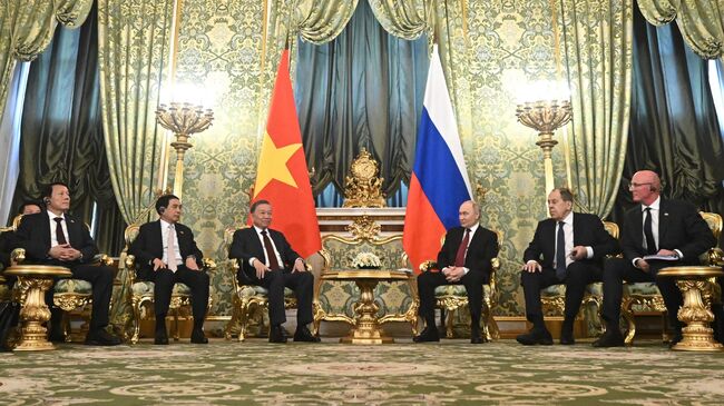 Президент России Владимир Путин и генеральный секретарь Коммунистической партии Вьетнама То Лам во время встречи
