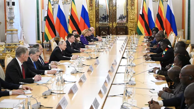 Президент России Владимир Путин и президент Республики Зимбабве Эммерсон Мнангагва во время встречи