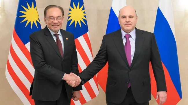 Председатель правительства РФ Михаил Мишустин и премьер-министр Малайзии Анвар Ибрагим во время встречи. 14 мая 2025