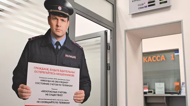 Ростовая фигура полицейского, установленная у операционной кассы в отделении Татсоцбанка в Казани