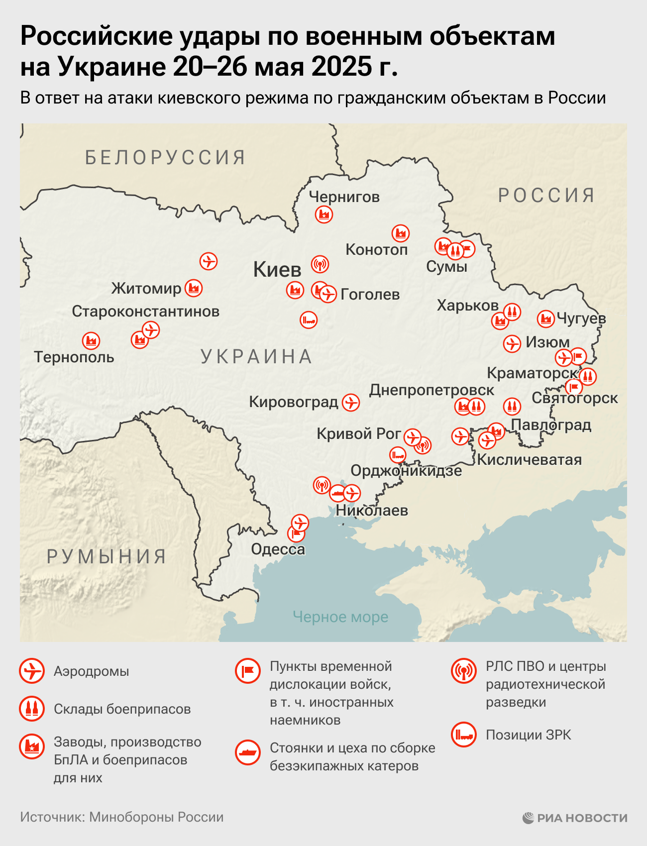 Российские удары по военным объектам на Украине 20-26 мая 2025 года Российские удары по военным объектам на Украине 20-26 мая 2025 года