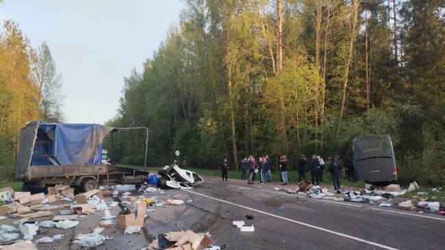 Место ДТП с участием автобуса в Кингисеппском районе Ленинградской области. 27 мая 2025