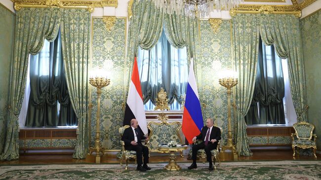 Президент РФ Владимир Путин и председатель Руководящего президентского совета Йеменской Республики Рашад Аль-Алими во время встречи. 28 мая 2025