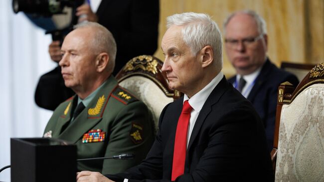 Министр обороны РФ Андрей Белоусов на заседании Совета министров обороны Организации Договора о коллективной безопасности в Бишкеке. 28 мая 2025