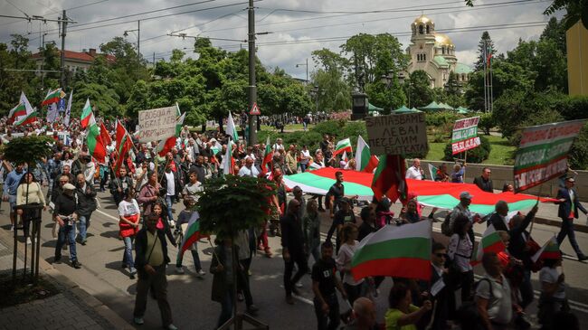 Участники протеста против перехода на евро в Софии, Болгария