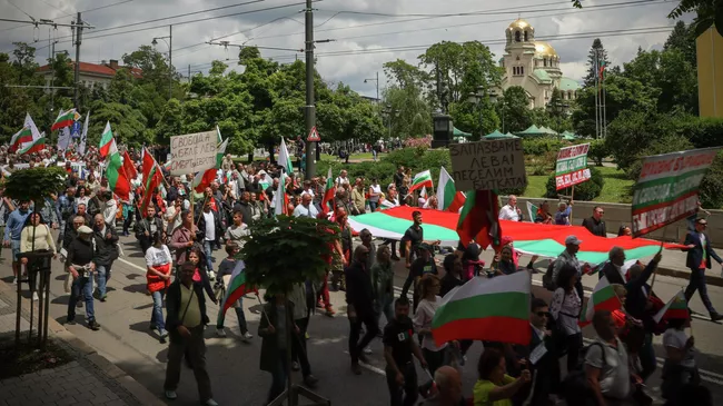 Участники протеста против перехода на евро в Софии, Болгария