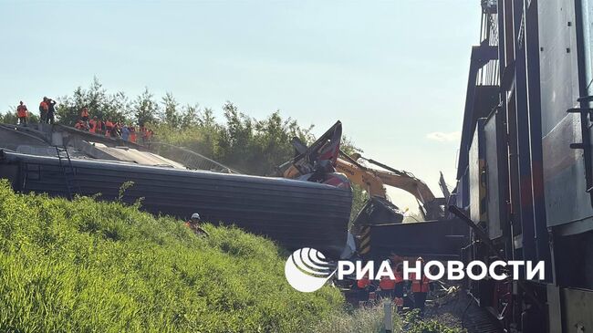 Рабочие разбирают мост в Брянской области после его обрушения